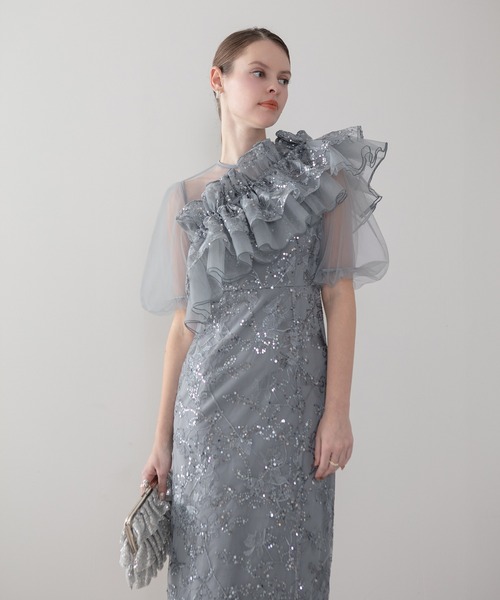 LEJA】3WAYチュールラッフルフラワースパンコールIラインワンピース