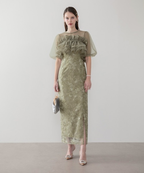 Leja（レジャ）の「【LEJA】3WAYチュールラッフルフラワースパンコールIラインワンピースドレス2点セット 美脚効果結婚式 パーティードレス 成人式 二次会 同窓会 お呼ばれ オケージョン 20代 30代（ドレス・レディース・グレイッシュブルー/グリーン・SMALL/MEDIUM）」の9枚目の写真