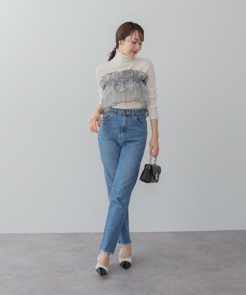 Leja（レジャ）の「【LEJA】3WAYチュールラッフルフラワースパンコールIラインワンピースドレス2点セット 美脚効果結婚式 パーティードレス 成人式 二次会 同窓会 お呼ばれ オケージョン 20代 30代（ドレス・レディース・グレイッシュブルー/グリーン・SMALL/MEDIUM）」の3枚目の写真