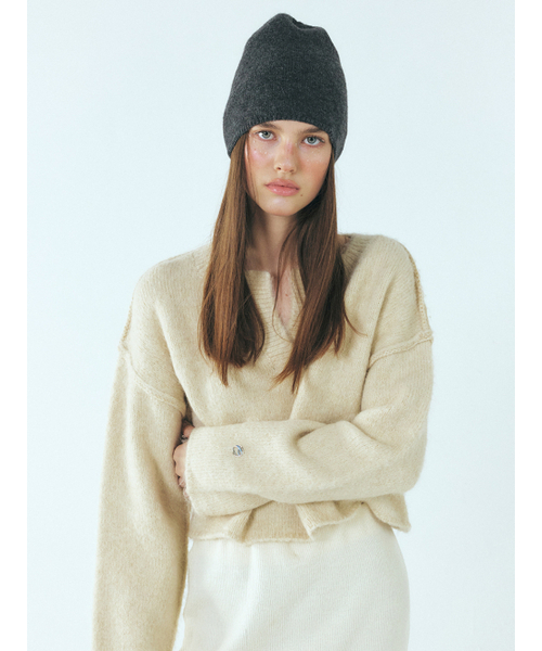 Neck-Slit Knit Pullover, Cream