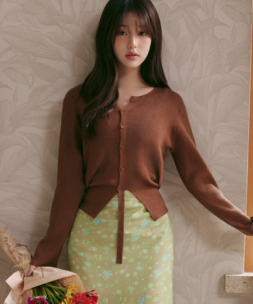 CUT OUT RIBBED CARDIGAN BROWN