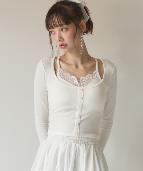 Nadana(ナダナ)の「レースレイヤード風トップス(Tシャツ/カットソー・レディース・ホワイト/グレー/ブラック・FREE)」の1枚目の写真