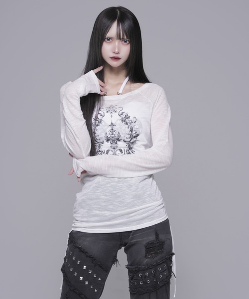 REFLEM(レフレム)の「『REFLEM/レフレム』シアーオフショルL/S Tee/ロングスリーブカットソー(Tシャツ/カットソー・レディース・ホワイト/ブラック・FREE)」の10枚目の写真