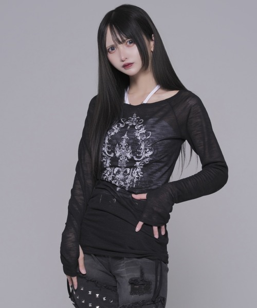 REFLEM(レフレム)の「『REFLEM/レフレム』シアーオフショルL/S Tee/ロングスリーブカットソー(Tシャツ/カットソー・レディース・ホワイト/ブラック・FREE)」の4枚目の写真