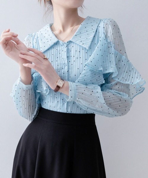gossip!ロサンゼルス(ゴシップロサンゼルス)の「【Y2Kガーリー】レトロ ドット柄 フリル シフォンブラウス(シャツ/ブラウス・レディース・ブルー・M)」の4枚目の写真