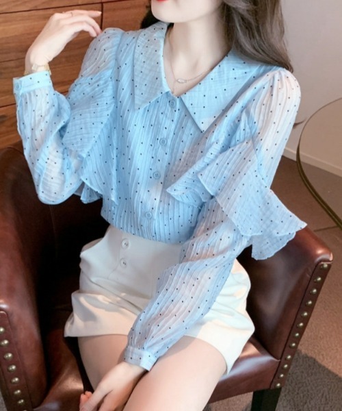 gossip!ロサンゼルス(ゴシップロサンゼルス)の「【Y2Kガーリー】レトロ ドット柄 フリル シフォンブラウス(シャツ/ブラウス・レディース・ブルー・M)」の15枚目の写真