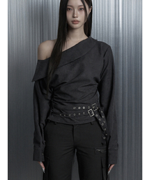 Two Belt Drape One-Shoulder Blouse (Black)