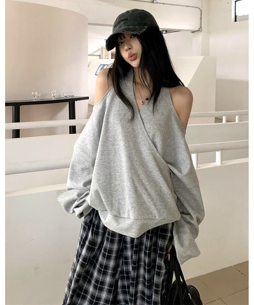inst.ALL(インストール)の「カシュクールホルター肩あきルルーズトップス(スウェット・レディース・グレー/ブラック・M)」の1枚目の写真