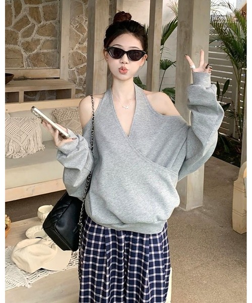inst.ALL(インストール)の「カシュクールホルター肩あきルルーズトップス(スウェット・レディース・グレー/ブラック・M)」の13枚目の写真