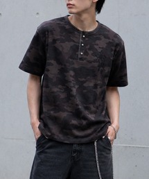 【NYS】クロス ワンポイント刺繍 ワッフル ヘンリーネックTシャツ 半袖Tシャツ ショート丈 カモフラ