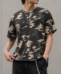 NYLAUS（ナイラス）の「【NYS】2026新作 クロス ワンポイント刺繍 ワッフル ヘンリーネックTシャツ 半袖Tシャツ ショート丈 カモフラ（Tシャツ/カットソー）」
