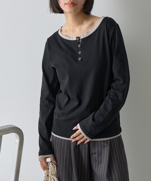 goocy（グーシー）の「レイヤードライクヘンリーネックロンT（Tシャツ/カットソー・レディース・ブラック/ブルー/ライトグレー・FREE）」の4枚目の写真