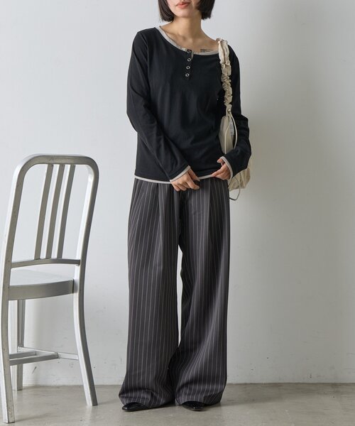 goocy（グーシー）の「レイヤードライクヘンリーネックロンT（Tシャツ/カットソー・レディース・ブラック/ブルー/ライトグレー・FREE）」の6枚目の写真