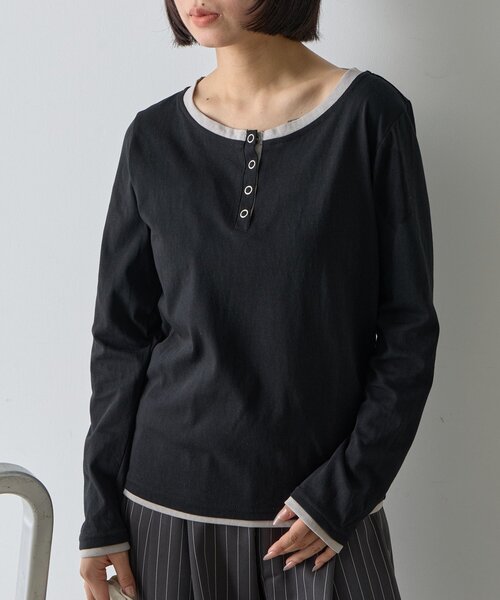 goocy（グーシー）の「レイヤードライクヘンリーネックロンT（Tシャツ/カットソー・レディース・ブラック/ブルー/ライトグレー・FREE）」の7枚目の写真