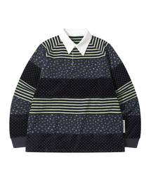 THEMUSEUMVISITOR（ザミュージアムビジター）の「STRIPE PATCHWORK PK LONG SLEEVE (NAVY)（ポロシャツ）」