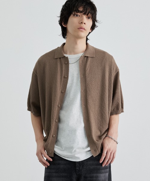 MONO-MART(モノマート)の「接触冷感 ショート丈 ブークレ ベーシック 半袖ニットシャツ<UVカット/ウォッシャブル>(シャツ/ブラウス・メンズ・ネイビー/ブラック/モカ/チャコール/ブルー/ライトグレー・S/M/L)」の12枚目の写真