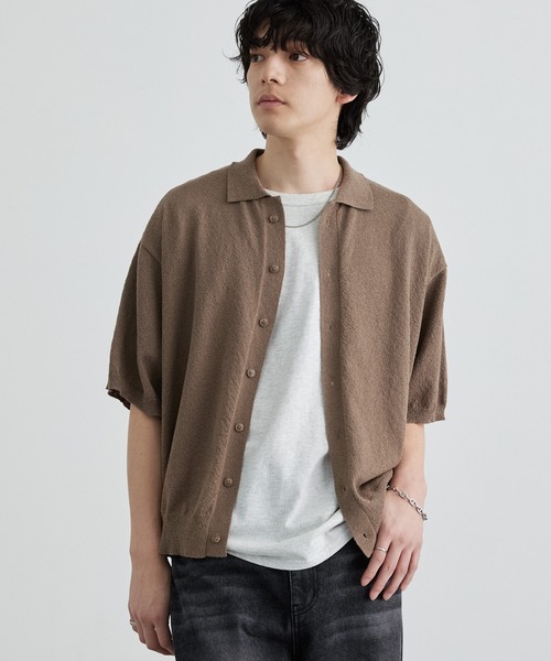 MONO-MART(モノマート)の「接触冷感 ショート丈 ブークレ ベーシック 半袖ニットシャツ<UVカット/ウォッシャブル>(シャツ/ブラウス・メンズ・ネイビー/ブラック/モカ/チャコール/ブルー/ライトグレー・S/M/L)」の21枚目の写真