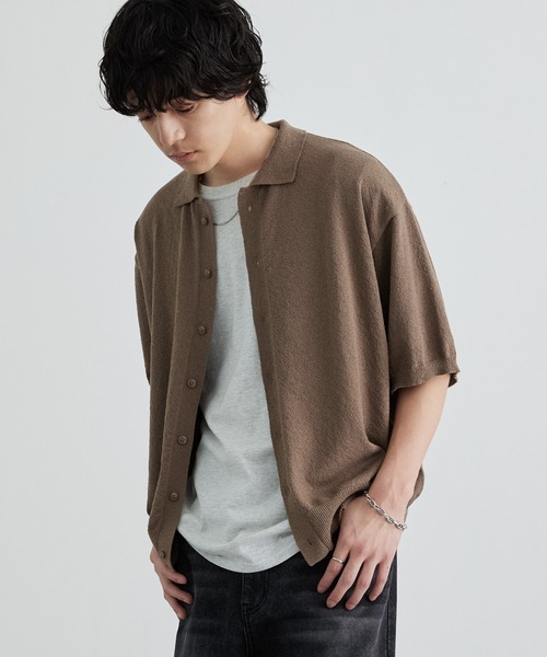 MONO-MART(モノマート)の「接触冷感 ショート丈 ブークレ ベーシック 半袖ニットシャツ<UVカット/ウォッシャブル>(シャツ/ブラウス・メンズ・ネイビー/ブラック/モカ/チャコール/ブルー/ライトグレー・S/M/L)」の22枚目の写真