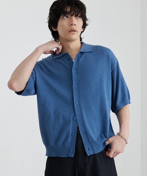MONO-MART(モノマート)の「接触冷感 ショート丈 ブークレ ベーシック 半袖ニットシャツ<UVカット/ウォッシャブル>(シャツ/ブラウス・メンズ・ネイビー/ブラック/モカ/チャコール/ブルー/ライトグレー・S/M/L)」の8枚目の写真