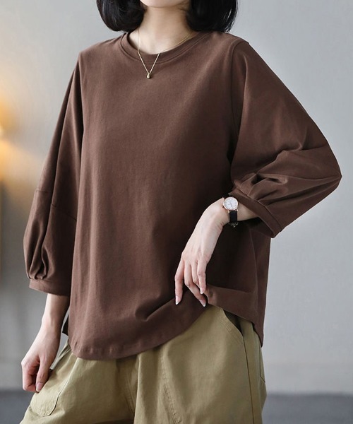 mielu(ミエル)の「《大人きれいめカジュアル♪》七分袖シンプルクルーネックカットソー 春夏(Tシャツ/カットソー・レディース・ブラック/ホワイト/ブラウン/グレー・MEDIUM/LARGE)」の4枚目の写真