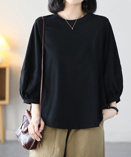 mielu(ミエル)の「《大人きれいめカジュアル♪》七分袖シンプルクルーネックカットソー 春夏(Tシャツ/カットソー・レディース・ブラック/ホワイト/ブラウン/グレー・MEDIUM/LARGE)」の2枚目の写真