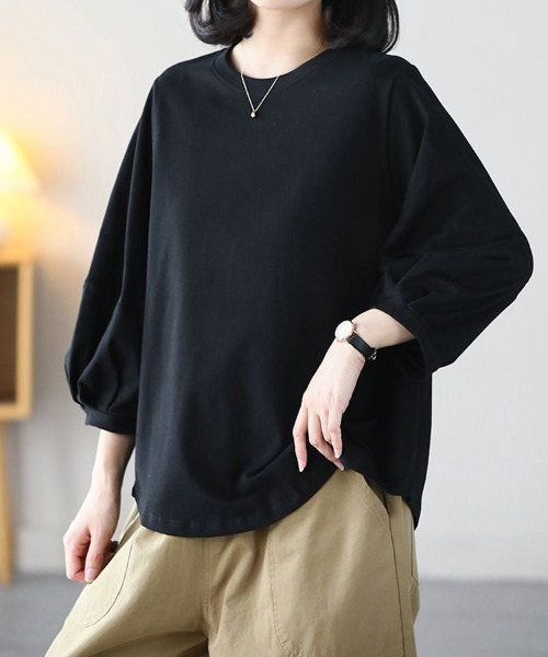 mielu(ミエル)の「《大人きれいめカジュアル♪》七分袖シンプルクルーネックカットソー 春夏(Tシャツ/カットソー・レディース・ブラック/ホワイト/ブラウン/グレー・MEDIUM/LARGE)」の6枚目の写真