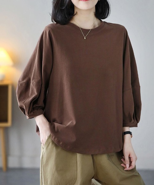 mielu(ミエル)の「《大人きれいめカジュアル♪》七分袖シンプルクルーネックカットソー 春夏(Tシャツ/カットソー・レディース・ブラック/ホワイト/ブラウン/グレー・MEDIUM/LARGE)」の10枚目の写真
