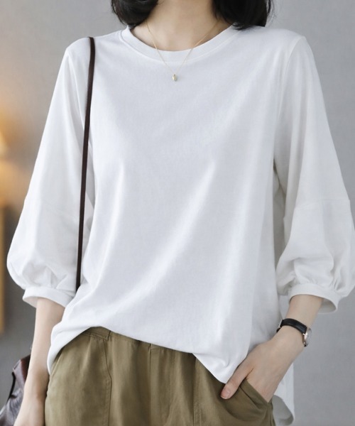 mielu(ミエル)の「《大人きれいめカジュアル♪》七分袖シンプルクルーネックカットソー 春夏(Tシャツ/カットソー・レディース・ブラック/ホワイト/ブラウン/グレー・MEDIUM/LARGE)」の21枚目の写真