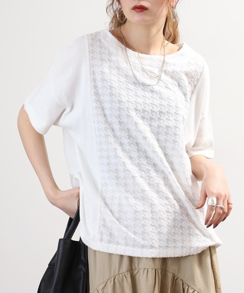 FUNALIVE(ファンアライブ)の「pole pole. 千鳥ジャガード切替 幅広プルオーバー 半袖(Tシャツ/カットソー・レディース・オフホワイト/ブラック・FREE)」の1枚目の写真
