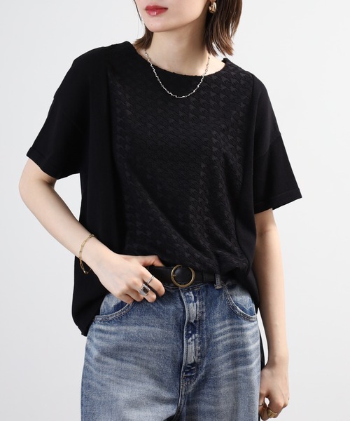 FUNALIVE(ファンアライブ)の「pole pole. 千鳥ジャガード切替 幅広プルオーバー 半袖(Tシャツ/カットソー・レディース・オフホワイト/ブラック・FREE)」の2枚目の写真