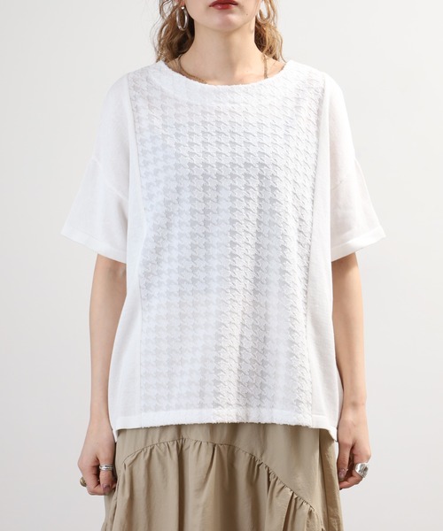 FUNALIVE(ファンアライブ)の「pole pole. 千鳥ジャガード切替 幅広プルオーバー 半袖(Tシャツ/カットソー・レディース・オフホワイト/ブラック・FREE)」の9枚目の写真