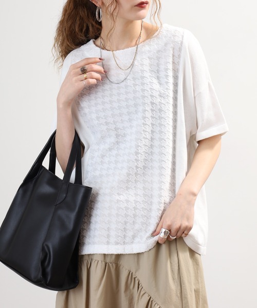 FUNALIVE(ファンアライブ)の「pole pole. 千鳥ジャガード切替 幅広プルオーバー 半袖(Tシャツ/カットソー・レディース・オフホワイト/ブラック・FREE)」の21枚目の写真