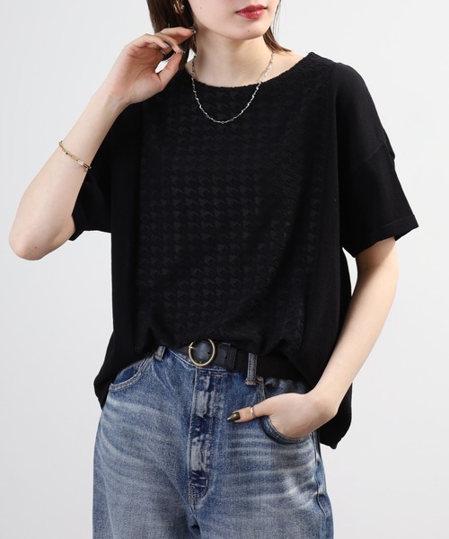 FUNALIVE(ファンアライブ)の「pole pole. 千鳥ジャガード切替 幅広プルオーバー 半袖(Tシャツ/カットソー・レディース・オフホワイト/ブラック・FREE)」の16枚目の写真