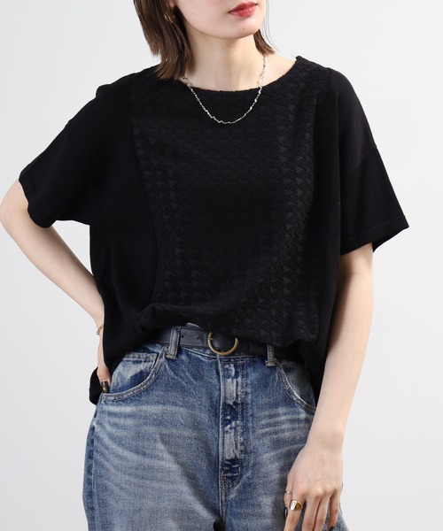 FUNALIVE(ファンアライブ)の「pole pole. 千鳥ジャガード切替 幅広プルオーバー 半袖(Tシャツ/カットソー・レディース・オフホワイト/ブラック・FREE)」の15枚目の写真