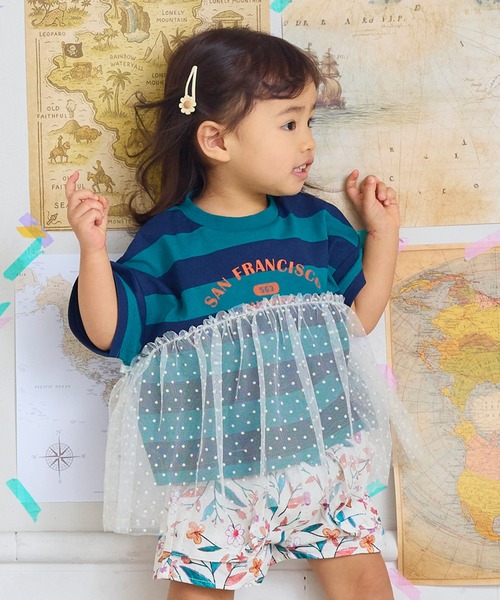 MARKEY'S(マーキーズ)の「【LSP WOW!】チュール付きボーダー半袖Tee(Tシャツ/カットソー・キッズ・ライトブルー/グリーン系その他/ピンク系その他/イエロー系その他・100/90/80/95/130/120/110)」の2枚目の写真