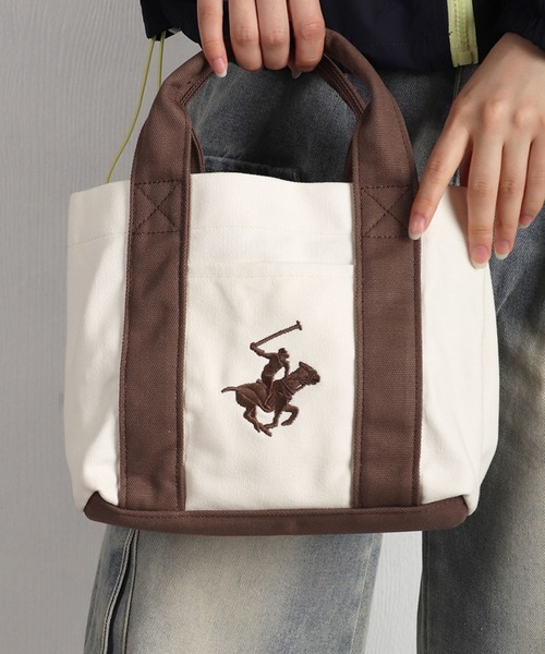 BEVERLY HILLS POLO CLUB(ビバリーヒルズポロクラブ)の「BEVERLY HILLS POLO CLUB / ビバリーヒルズポロクラブ キャンバス ミニトートバッグ 刺繍ロゴ マチあり ランチトート サブバッグ 仕切り付き コットンバッグ(トートバッグ・メンズ・ベージュ/ブラック/ホワイト×ブラウン/ホワイト×ブルー/ホワイト×ネイビー・FREE)」の4枚目の写真