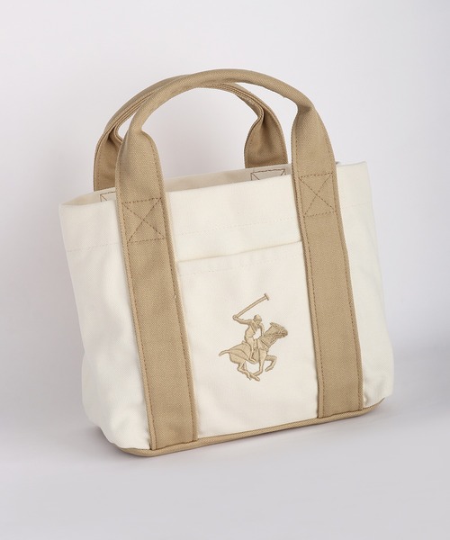 BEVERLY HILLS POLO CLUB(ビバリーヒルズポロクラブ)の「BEVERLY HILLS POLO CLUB / ビバリーヒルズポロクラブ キャンバス ミニトートバッグ 刺繍ロゴ マチあり ランチトート サブバッグ 仕切り付き コットンバッグ(トートバッグ・メンズ・ベージュ/ブラック/ホワイト×ブラウン/ホワイト×ブルー/ホワイト×ネイビー・FREE)」の5枚目の写真