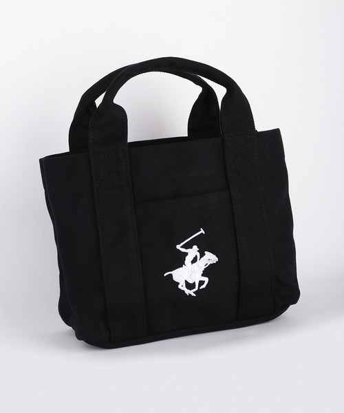 BEVERLY HILLS POLO CLUB(ビバリーヒルズポロクラブ)の「BEVERLY HILLS POLO CLUB / ビバリーヒルズポロクラブ キャンバス ミニトートバッグ 刺繍ロゴ マチあり ランチトート サブバッグ 仕切り付き コットンバッグ(トートバッグ・メンズ・ベージュ/ブラック/ホワイト×ブラウン/ホワイト×ブルー/ホワイト×ネイビー・FREE)」の1枚目の写真