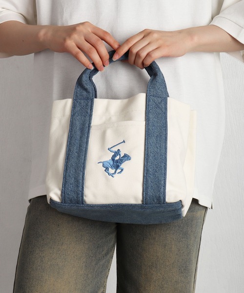 BEVERLY HILLS POLO CLUB(ビバリーヒルズポロクラブ)の「BEVERLY HILLS POLO CLUB / ビバリーヒルズポロクラブ キャンバス ミニトートバッグ 刺繍ロゴ マチあり ランチトート サブバッグ 仕切り付き コットンバッグ(トートバッグ・メンズ・ベージュ/ブラック/ホワイト×ブラウン/ホワイト×ブルー/ホワイト×ネイビー・FREE)」の6枚目の写真