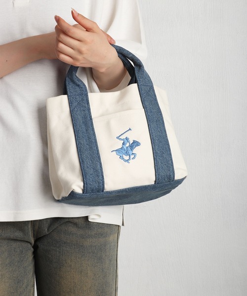 BEVERLY HILLS POLO CLUB(ビバリーヒルズポロクラブ)の「BEVERLY HILLS POLO CLUB / ビバリーヒルズポロクラブ キャンバス ミニトートバッグ 刺繍ロゴ マチあり ランチトート サブバッグ 仕切り付き コットンバッグ(トートバッグ・メンズ・ベージュ/ブラック/ホワイト×ブラウン/ホワイト×ブルー/ホワイト×ネイビー・FREE)」の7枚目の写真
