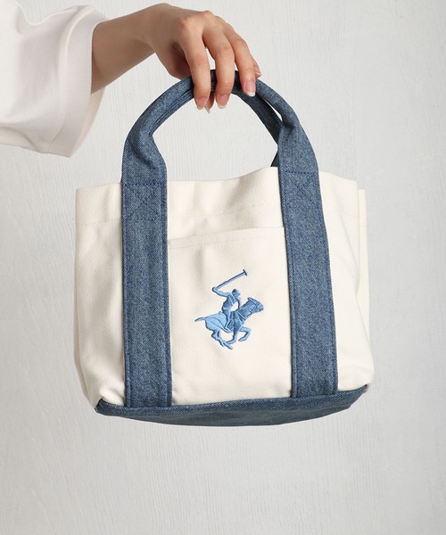 BEVERLY HILLS POLO CLUB(ビバリーヒルズポロクラブ)の「BEVERLY HILLS POLO CLUB / ビバリーヒルズポロクラブ キャンバス ミニトートバッグ 刺繍ロゴ マチあり ランチトート サブバッグ 仕切り付き コットンバッグ(トートバッグ・メンズ・ベージュ/ブラック/ホワイト×ブラウン/ホワイト×ブルー/ホワイト×ネイビー・FREE)」の9枚目の写真