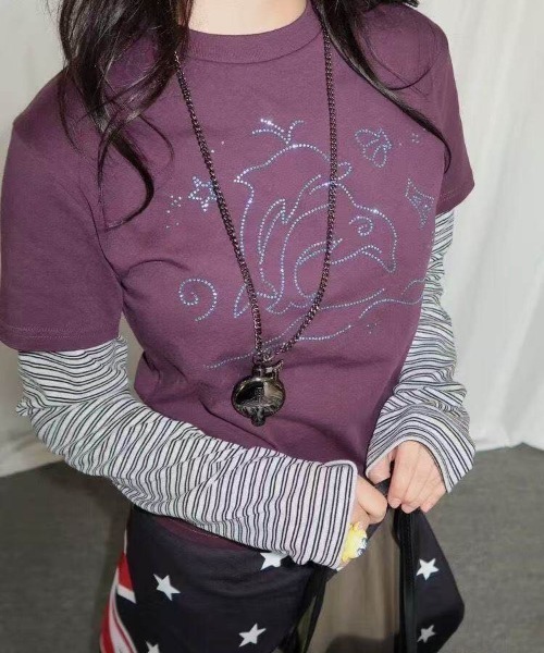 VIBGYOR(ヴィブジョー)の「【LAMPOON】ラインストーンレイヤードT(Tシャツ/カットソー・レディース・パープル/ブラック・SMALL/LARGE/MEDIUM)」の4枚目の写真