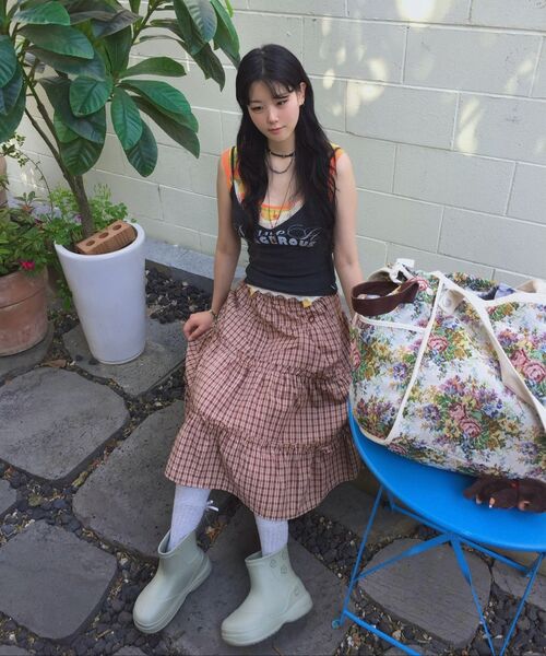 S'EST（エスイーエスティー）の「Shirring Check Skirt Navy（スカート・レディース・レッド・FREE）」の4枚目の写真