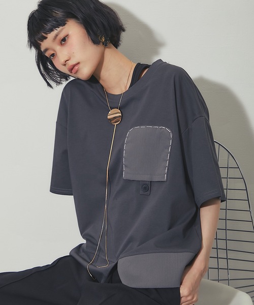 ANOTHER S（アナザーエス）の「異素材切り替えTシャツ（Tシャツ/カットソー・レディース・ベージュ/グレー/ホワイト/ブラック・FREE）」の4枚目の写真