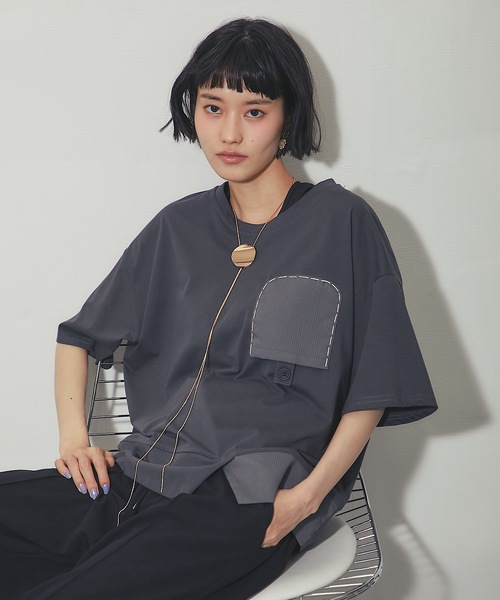 ANOTHER S（アナザーエス）の「異素材切り替えTシャツ（Tシャツ/カットソー・レディース・ベージュ/グレー/ホワイト/ブラック・FREE）」の6枚目の写真