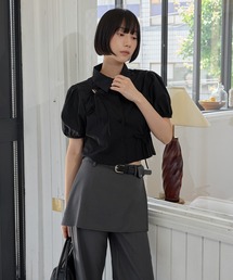 ラブリーパフスリーブスリットリボンクロップドショート丈ブラウス