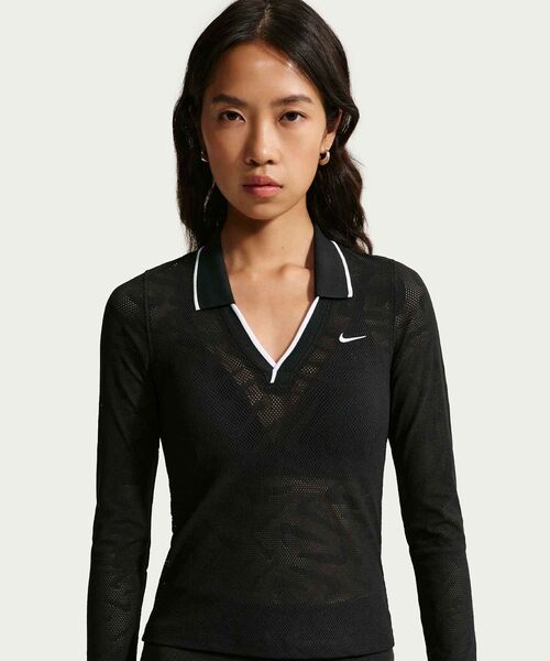 NIKE(ナイキ)の「ナイキ スポーツウェア チル ニット ウィメンズ タイト モッドクロップド ロングスリーブ レース トップス / Nike Sportswear Chill Knit Women's Tight Mod-Cropped Long-Sleeve Lace Top IM8390-010 Black(その他トップス・レディース・ブラック・XL/L/XS/S/M)」の1枚目の写真