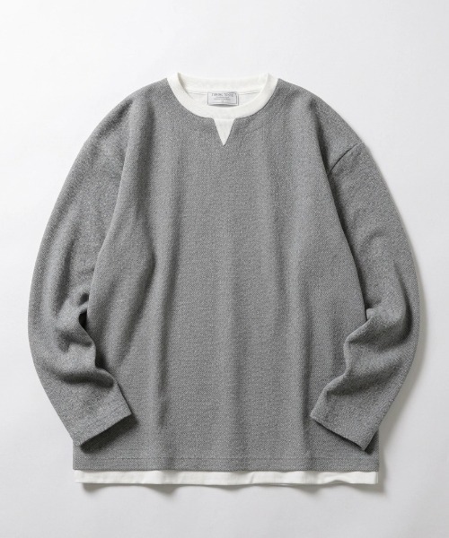 MARUKAWA(マルカワ)の「2026AW Heathered Brushed Fake Layered Key Neck Long Sleeve T-Shirt/カット杢起毛 無地 フェイクレイヤード キーネックロンT 長袖Tシャツ(Tシャツ/カットソー・メンズ・グレー/ベージュ/ブラック/ネイビー・M/L/LL)」の1枚目の写真