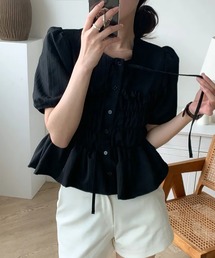 フロントリボンギャザープリーツブラウス