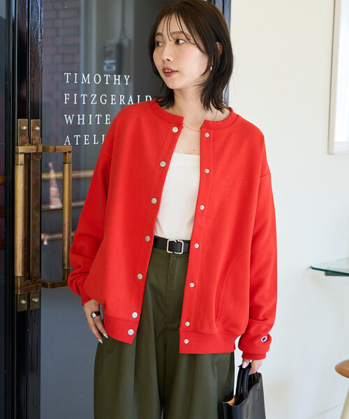 FREAK'S STORE(フリークスストア)の「限定展開 Champion × FREAK'S STORE/チャンピオン 別注 スナップ スウェット カーディガン(カーディガン/ボレロ・レディース・ライトグレー/レッド/ブラック/ネイビー/グレー・フリ-)」の5枚目の写真